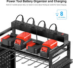CCCEI Garage Power Tools Organizer Cart with Charging Station, Black Floor Standing Rolling Drill and Tools Battery Storage Cart on Wheels. Black Utility Rack Gift for Men, Husband, Father.