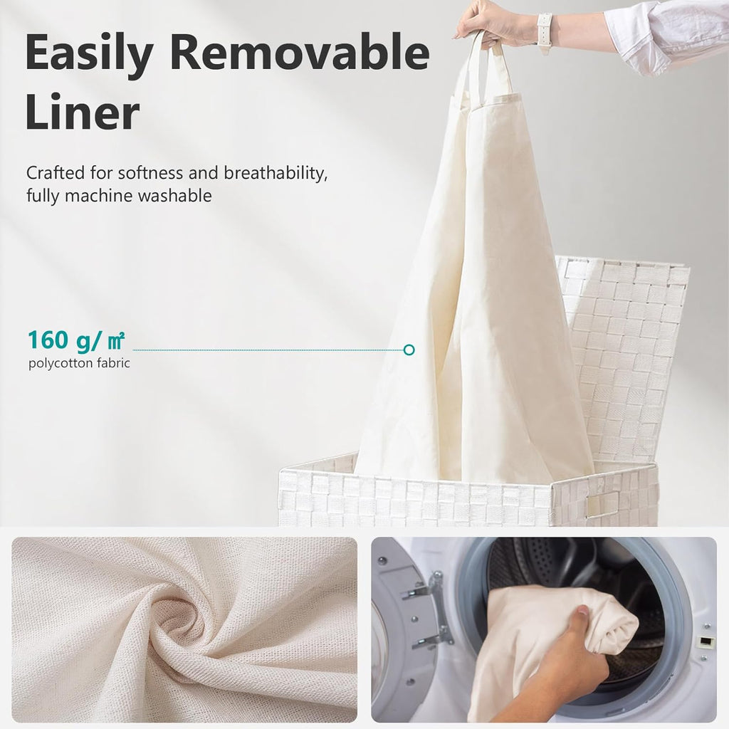 Foldable Laundry Hamper Basket with Lid by Fiona's magic, Handwoven 96L Large Clothes Hamper with Removable Liner Bags, Collapsible Tall Hamper for Bedroom, Bathroom and Dorm Organizer, 2Pack, White
