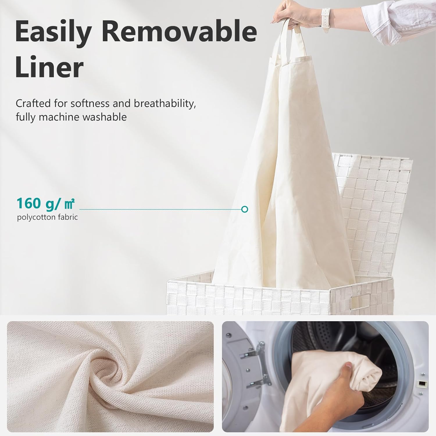 Foldable Laundry Hamper Basket with Lid by Fiona's magic, Handwoven 96L Large Clothes Hamper with Removable Liner Bags, Collapsible Tall Hamper for Bedroom, Bathroom and Dorm Organizer, 2Pack, White