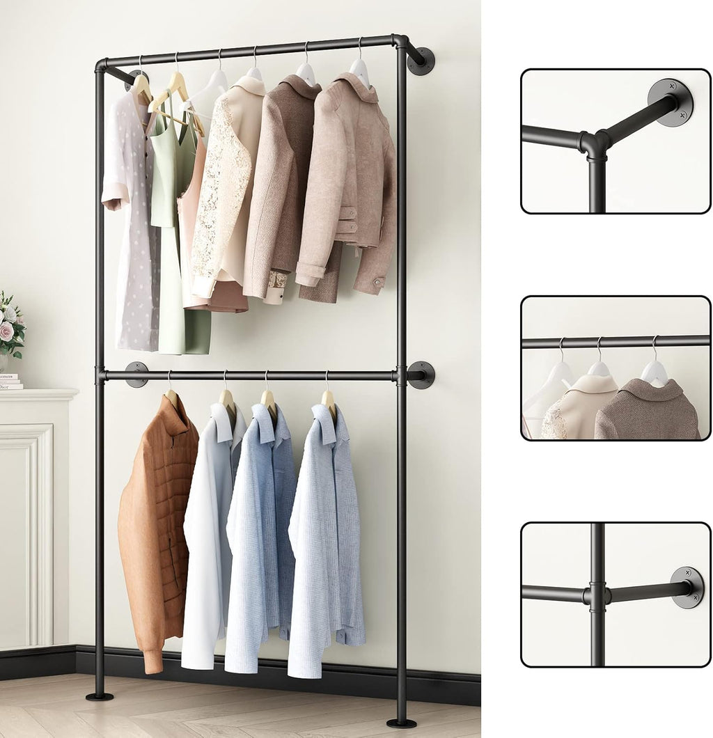Industrial Pipe Clothing Rack Wall Mounted Garment Rack, Black Pipe Clothes Rack Retail Display Hanging Rod for Closet Storage, Laundry Room