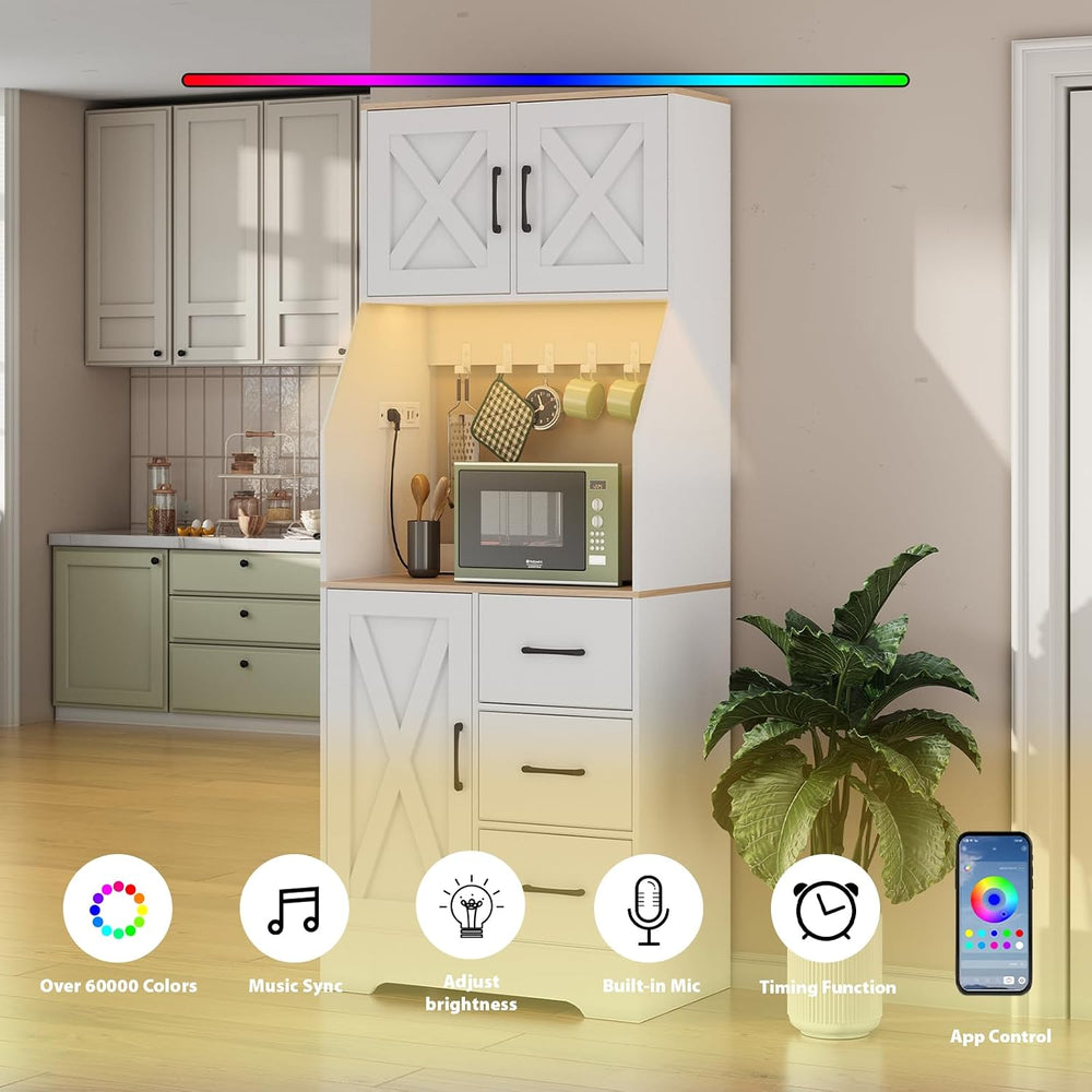 LLappuil 67" Kitchen Pantry with LED Light & Outlet, Kitchen Hutch w...