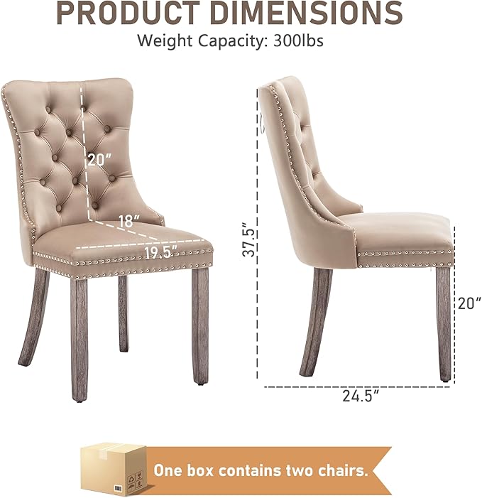Mid Century Modern Dining Chair Set of 2 Velvet Upholstered Dining Accent Chair Farmhouse Dining Chairs with High Back and Nailhead Trim for Kitchen, Living Room, Bedroom (Khaki)