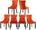 Velvet Kitchen Chairs Set of 6, Tufted Upholstered Dining Room Chairs with Back Ring Pull, Nailhead Trim and Solid Wood Legs, Modern Dining Chairs for Dining Room, Kitchen,Orange