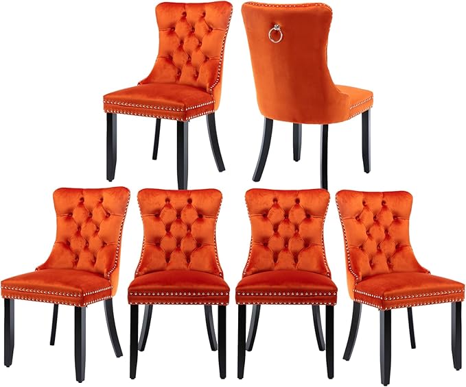 Velvet Kitchen Chairs Set of 6, Tufted Upholstered Dining Room Chairs with Back Ring Pull, Nailhead Trim and Solid Wood Legs, Modern Dining Chairs for Dining Room, Kitchen,Orange