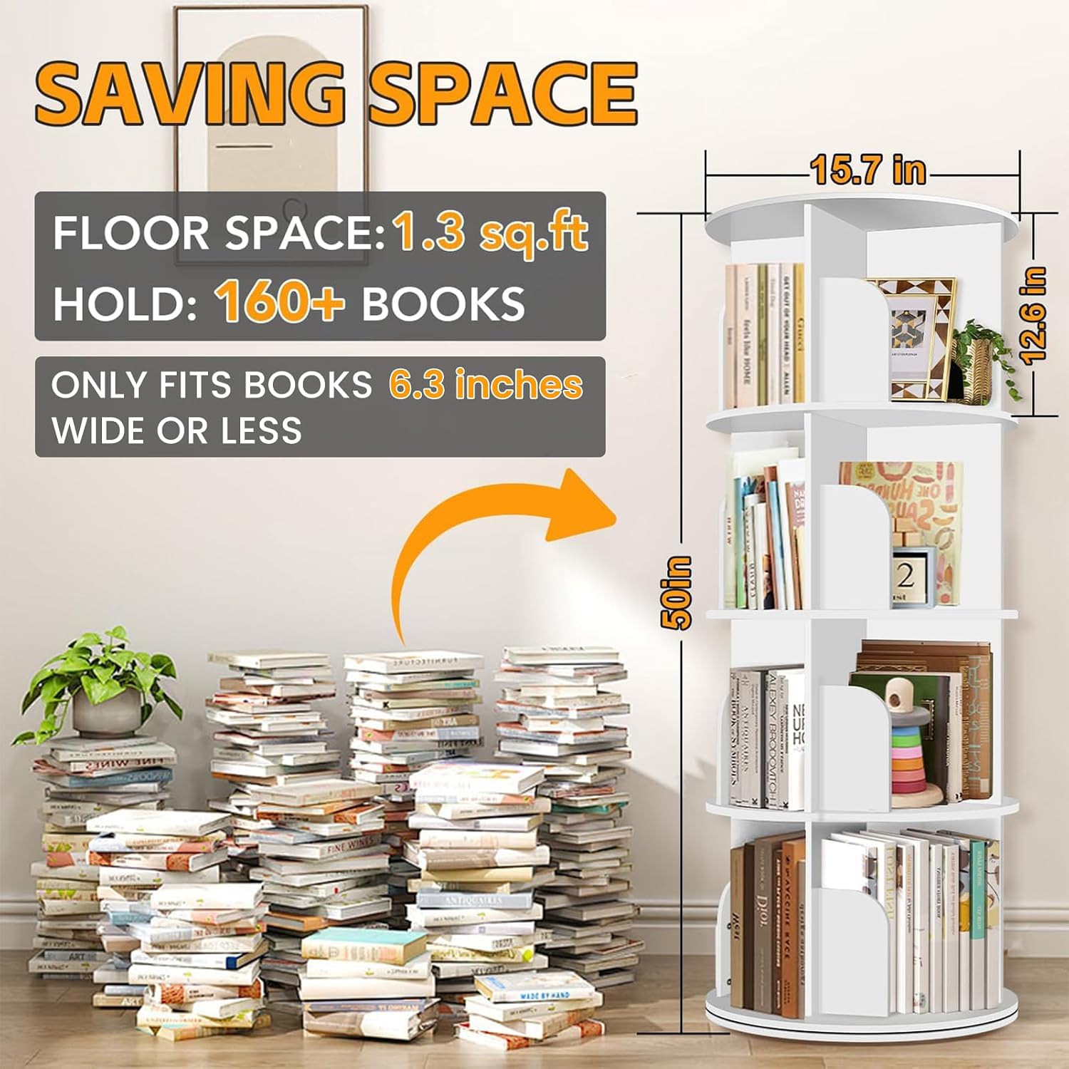 RUNSUNSPRI 4 Tier Rotating Bookshelf Tower, Spinning Bookshelf, Revolving 360° Bookcase Storage Round Carousel, Vertical Rotate Turning Spiral Corner Organizer Lazy Susan, White