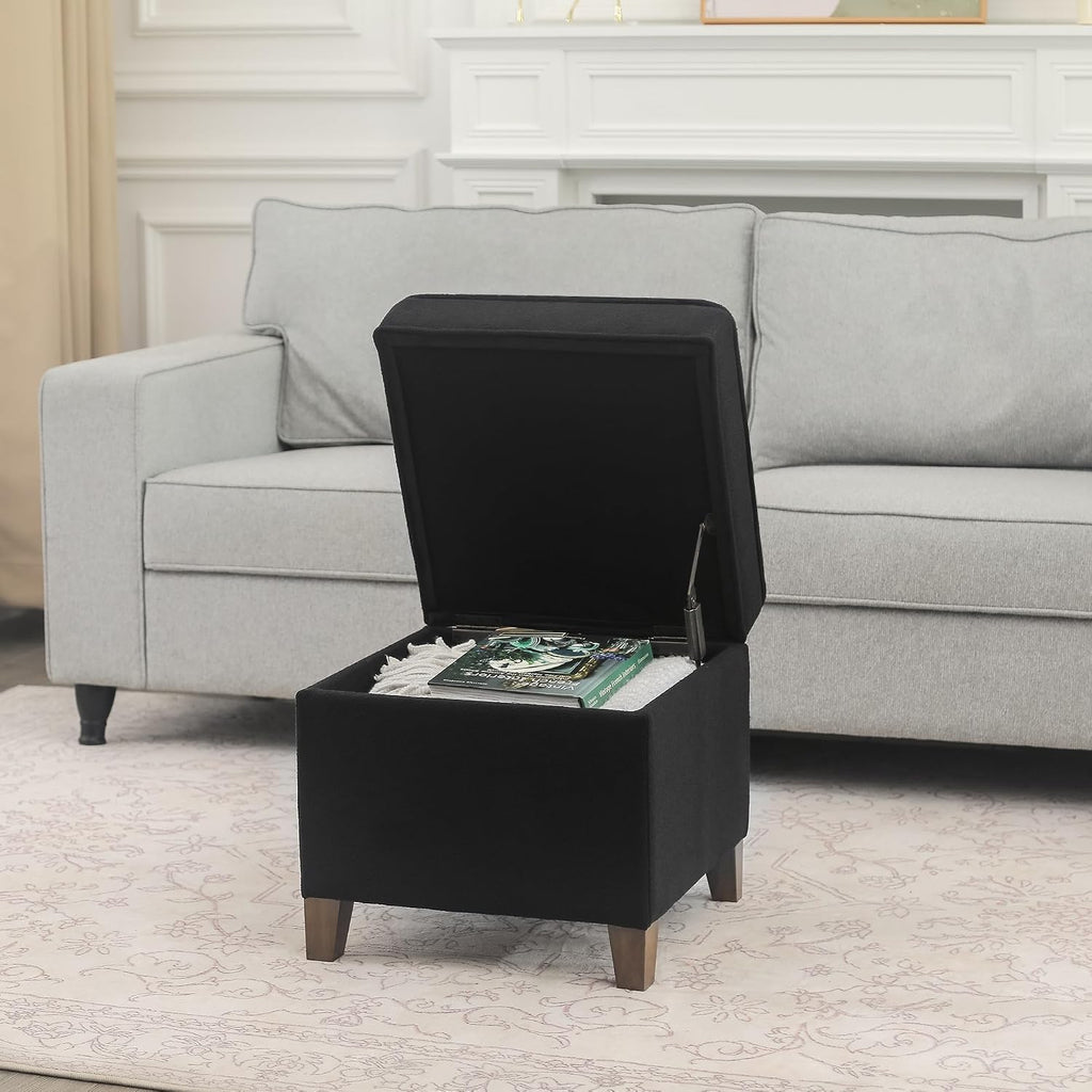 Lienen Ottoman with Storage, 17" Fabric Foot Stools Ottoman for Living Room, Upholstered Square Storage Ottomans Foot Rest, Bedroom Footstools and Ottomans with Hinged Lid, Black