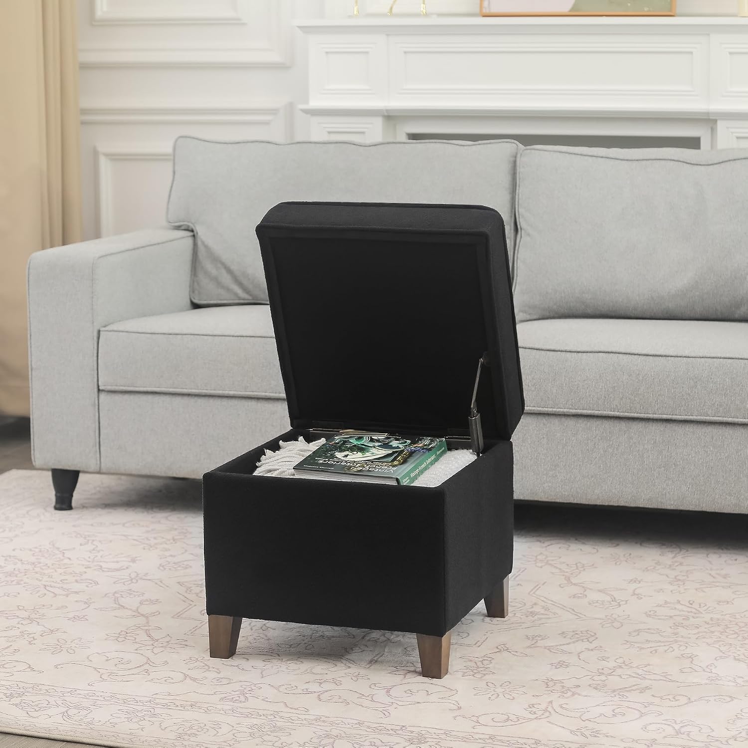 Lienen Ottoman with Storage, 17" Fabric Foot Stools Ottoman for Living Room, Upholstered Square Storage Ottomans Foot Rest, Bedroom Footstools and Ottomans with Hinged Lid, Black