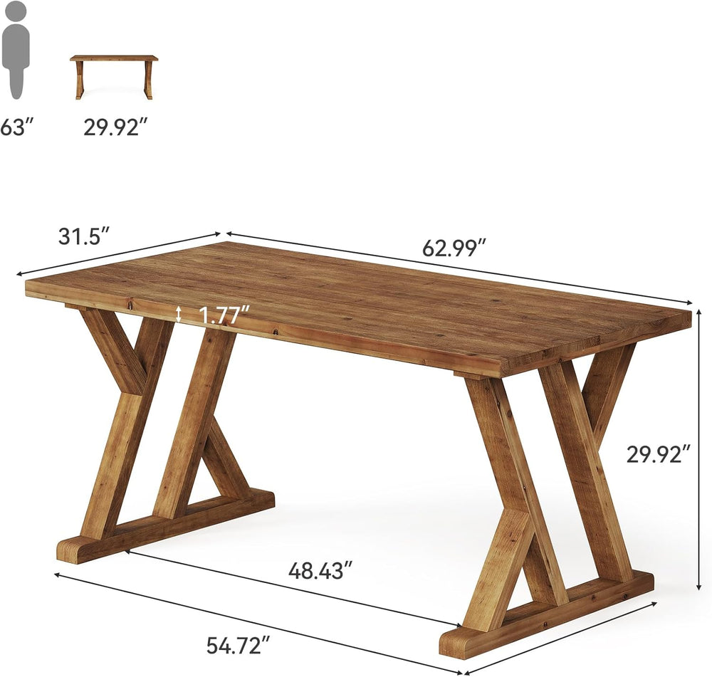 Solid Wood Dining Table for 4-6 People, 63 Inches Wooden Farmhouse Rectangula...
