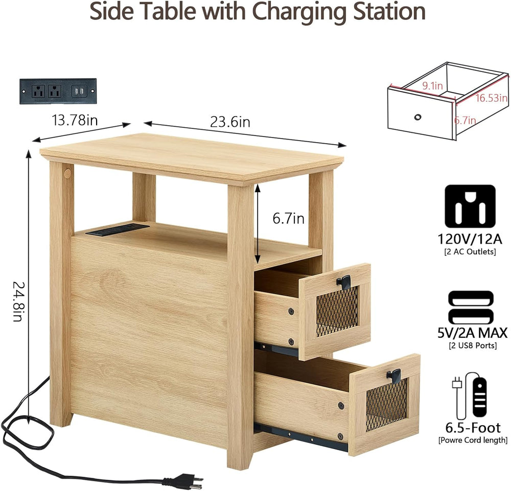 HDDDZSW Farmhouse XXL End Table with Charging Station, Narrow Side Table with...