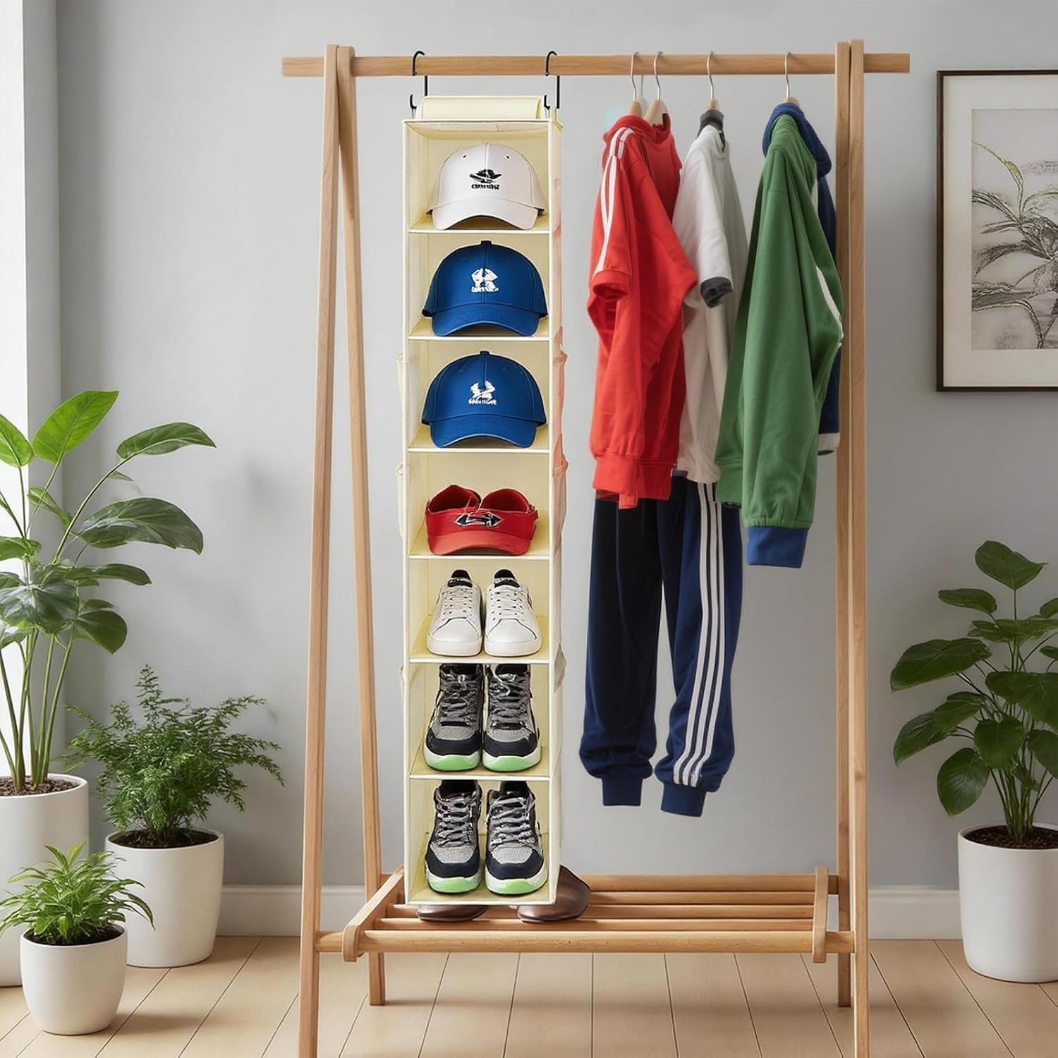 Hanging Shoe Organizer for Closet with 8 Shelves,Mesh Pockets-Wider Hanging Shelves for Shoes,Clothes,Hats with Sturdy Bamboo-Supported Design (Beige)