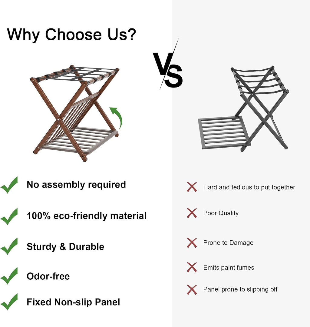 Fully Assembled Luggage Rack Set of 2 for Guest Room, Bamboo Suitcase Stand with Foldable Storage Shelf, Crossed Nylon Straps Folding Luggage Holder for Bedroom and Hotel, Walnut