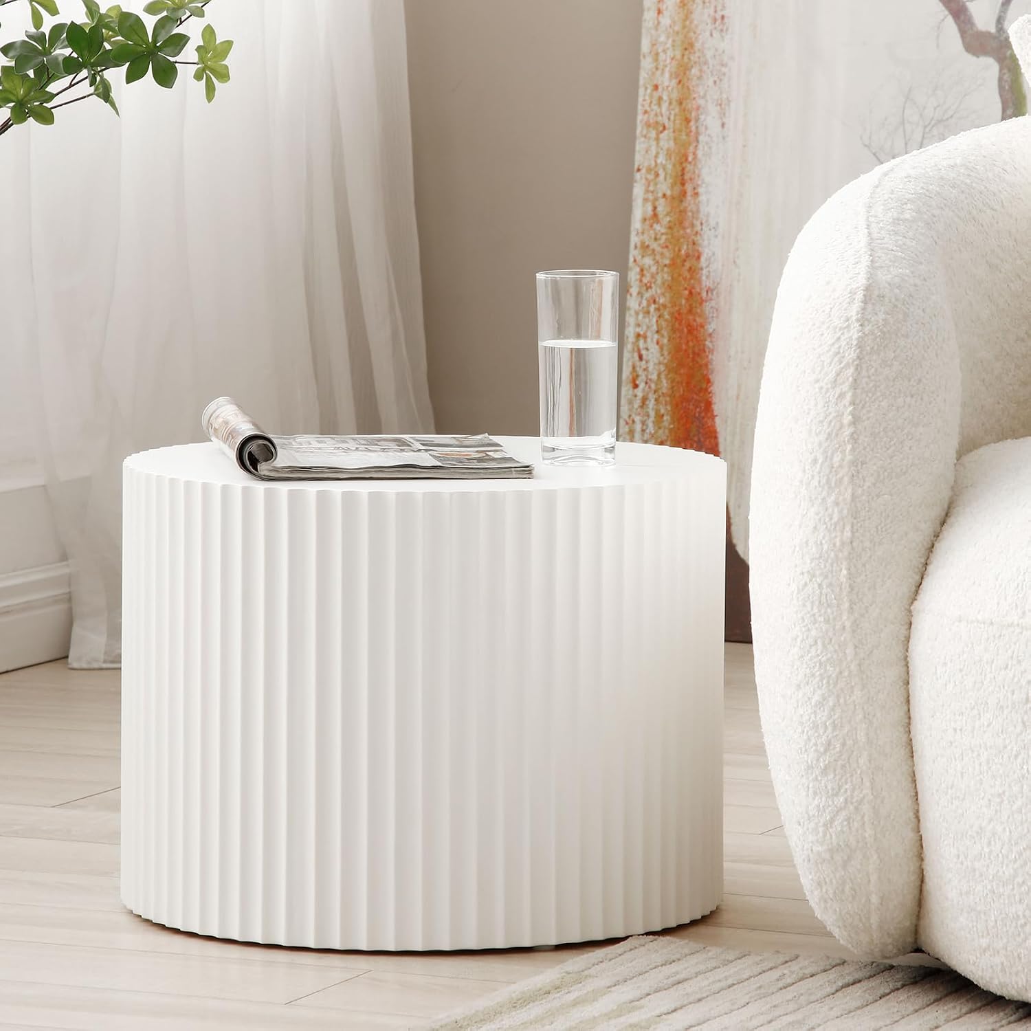 Round Nesting Coffee Table Set of 2, Modern Handcraft Wood Side Table Drum Accent End Table Embossed Design Circular Coffee Table Set for Living Room Bedroom, White