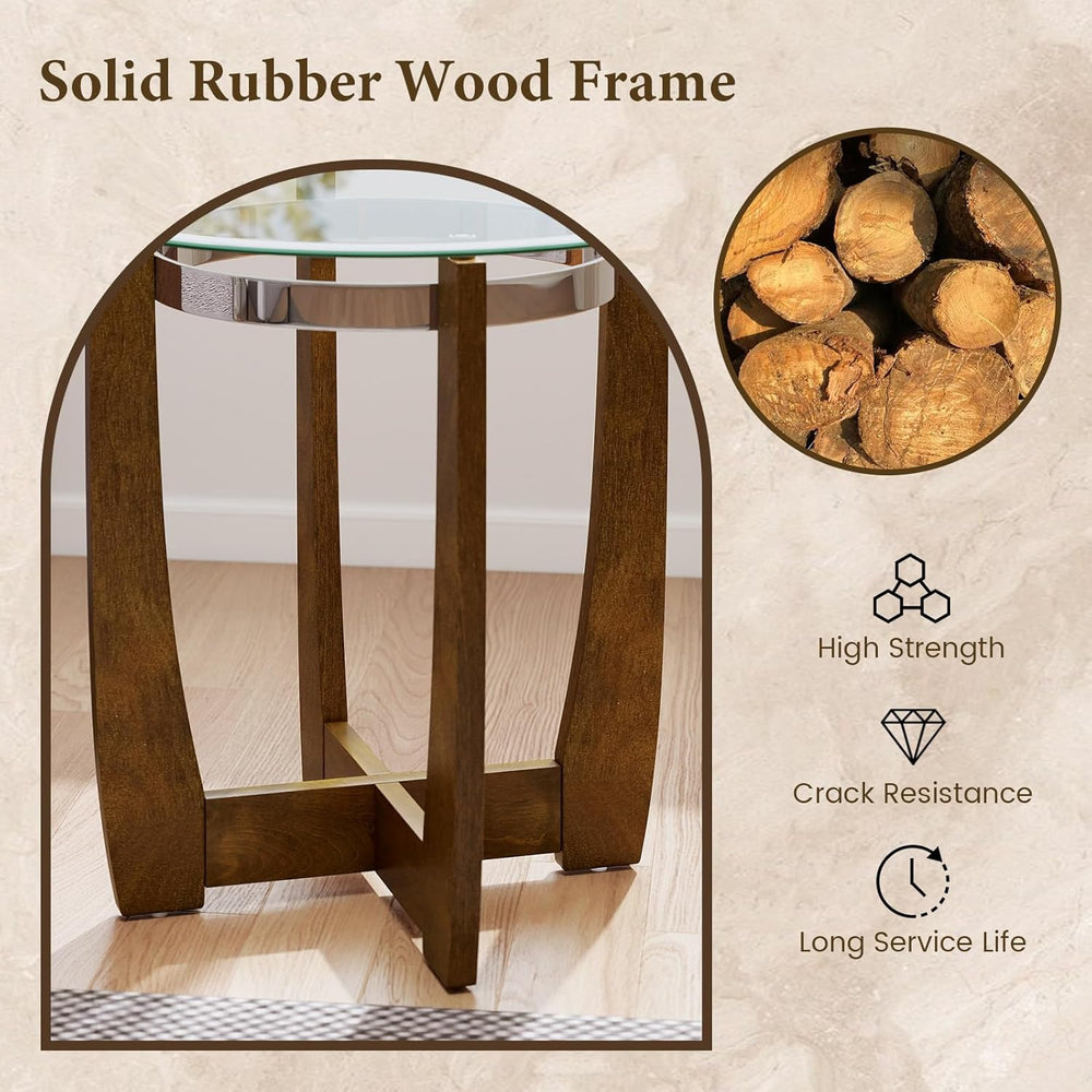 GOFLAME Glass End Table, 24” Round Sofa Side Table with Solid Rubber Wood Fra...