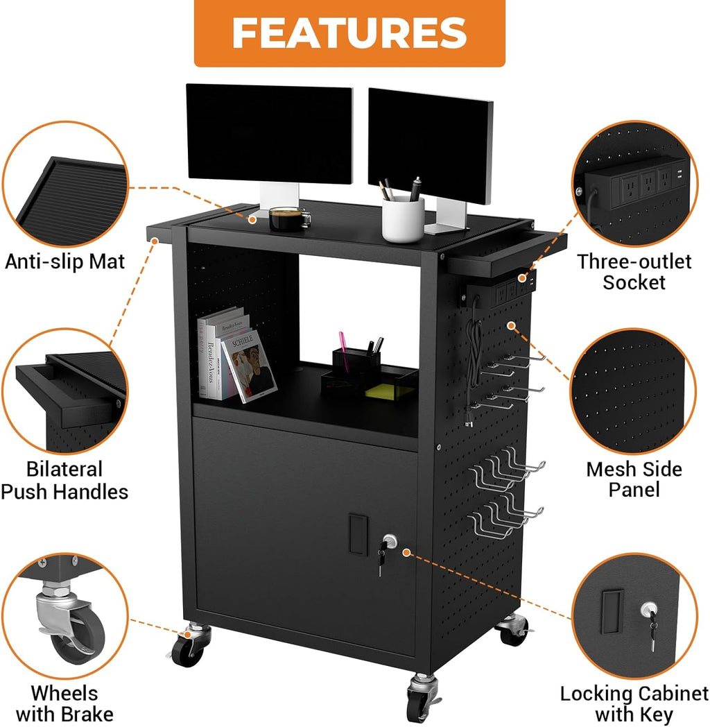 Mobile AV Cart with Push Handles, Heavy Duty Rolling Media Cart with Customized Pegboard & Hooks, Multipurpose Utility Cart with Extra Storage Space, 4 Outlets