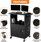Mobile AV Cart with Push Handles, Heavy Duty Rolling Media Cart with Customized Pegboard & Hooks, Multipurpose Utility Cart with Extra Storage Space, 4 Outlets
