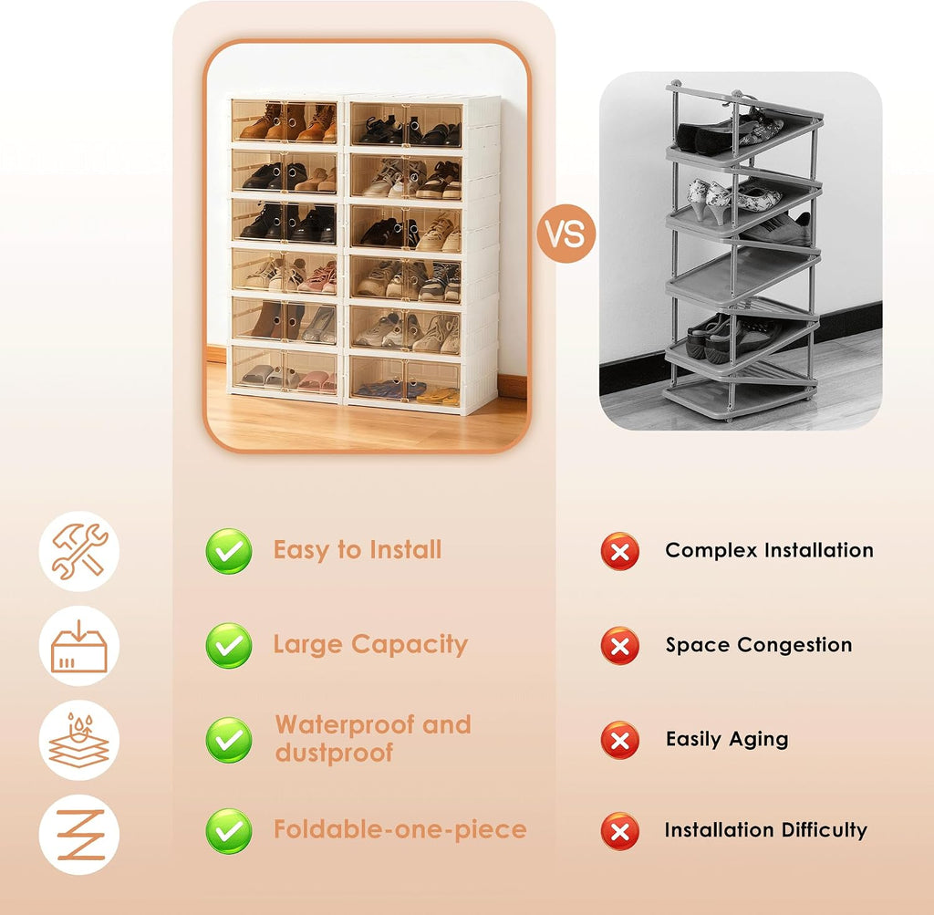 Folding Shoe Rack Storage Device,Large Plastic Folding Shoe Cabinet, Easy to Assemble Shoe Rack Storage Cabinet with Transparent Door Magnetic Buckle (6 Layers, 2 Groups, 24 Pairs)
