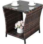 Bonnlo Small Garden Table, Rattan Patio Table with Glass Top & Shelf Under, Weatherproof for Indoor Outdoor, 46x46x50cm Brown