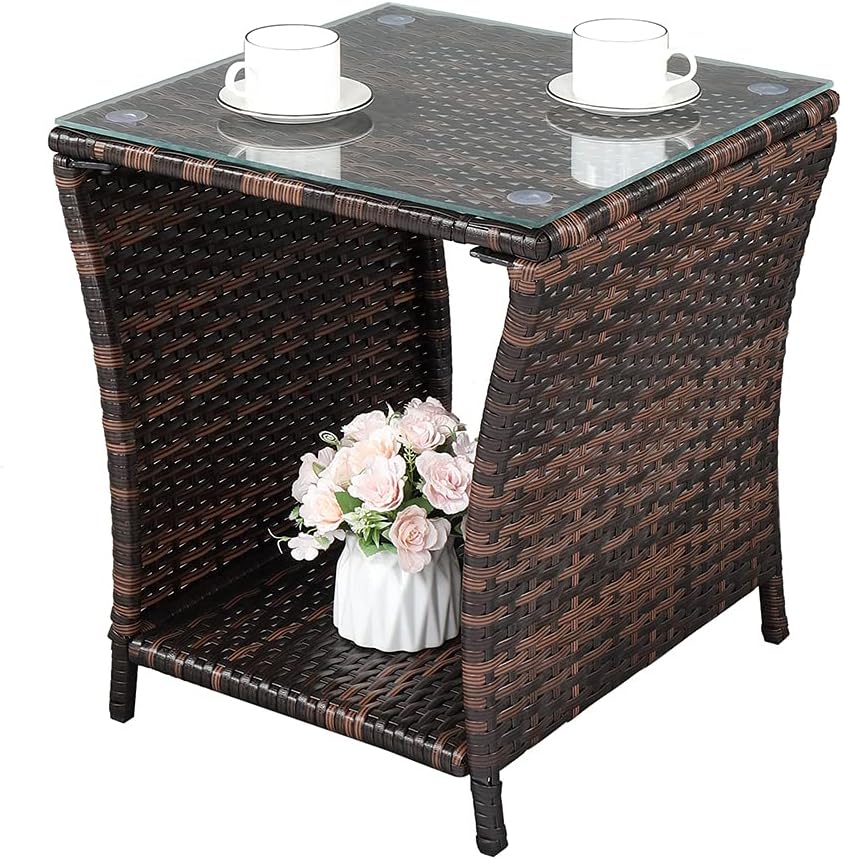 Bonnlo Small Garden Table, Rattan Patio Table with Glass Top & Shelf Under, Weatherproof for Indoor Outdoor, 46x46x50cm Brown