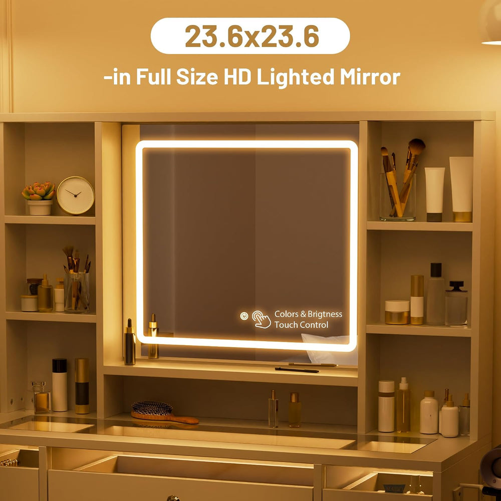 LIVELYGLOW 43.3" White Large Makeup Vanity Desk with Glass Top & RGB...