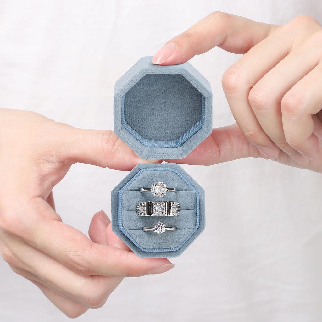 WantGor Velvet Ring Box, 3 Slots Jewelry Ring Gift Box Vintage Ring Holder | Ring Display Case for Wedding Ceremony Proposal Engagement (Ocean Blue)