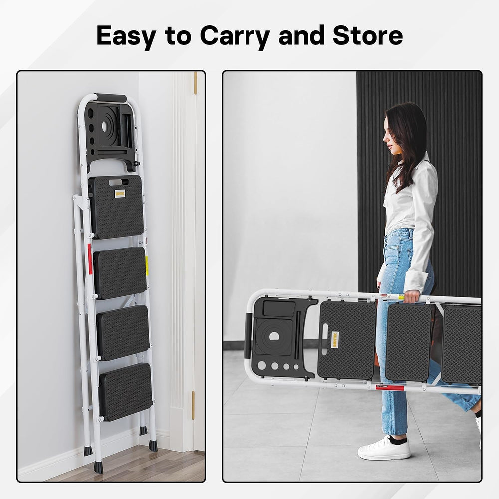BONTEC 4-Step Ladder, Folding Step Stool, 880lbs Max Load, White