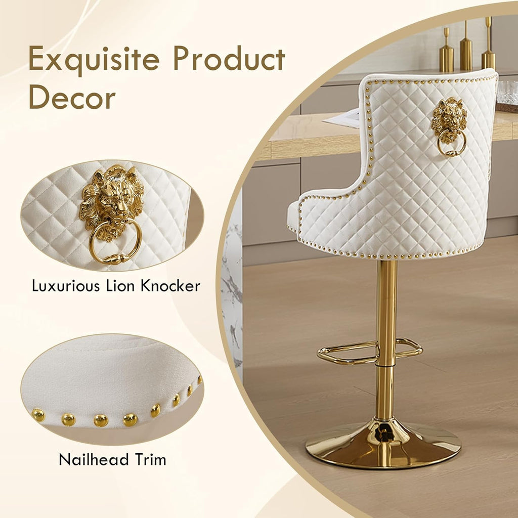 Gold Barstools Set of 4,Velvet Swivel Bar Height Stools with Lion Pull Ring,Upholstered Counter Height Stools with High Tufted Back,Modern Adjustable Bar Chairs for Kitchen Island/Cafe,Cream