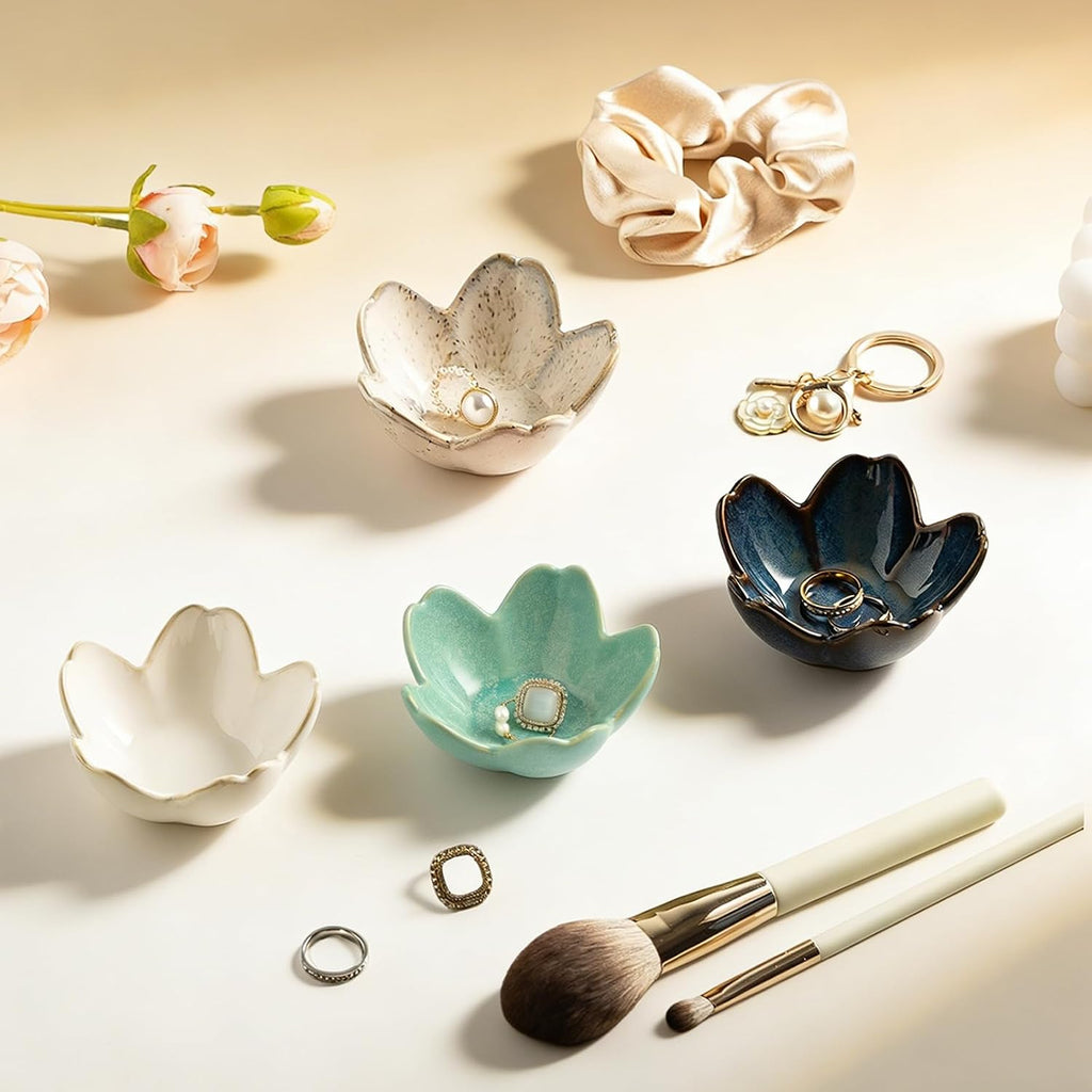Mecaikru Ceramic Jewelry Tray, 3.5 in Flower Ring Dish with Gift Box & Card | Petal-shaped bowl keeps rings, earrings and small necklaces visible while helping prevent slipping.