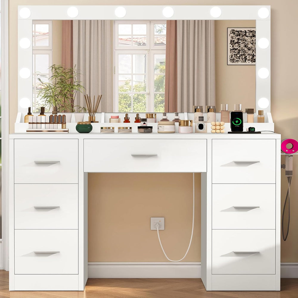 FIONESO Vanity with Large Mirror and 12 LED Lights, Vanity Desk with 7 Drawer...