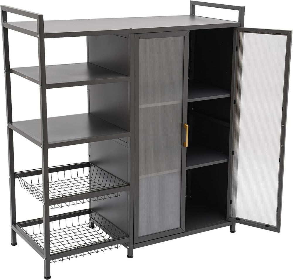 Kitchen Pantry Cabinet with Clear Doors, Metal Sideboard with Open Storage Sh...