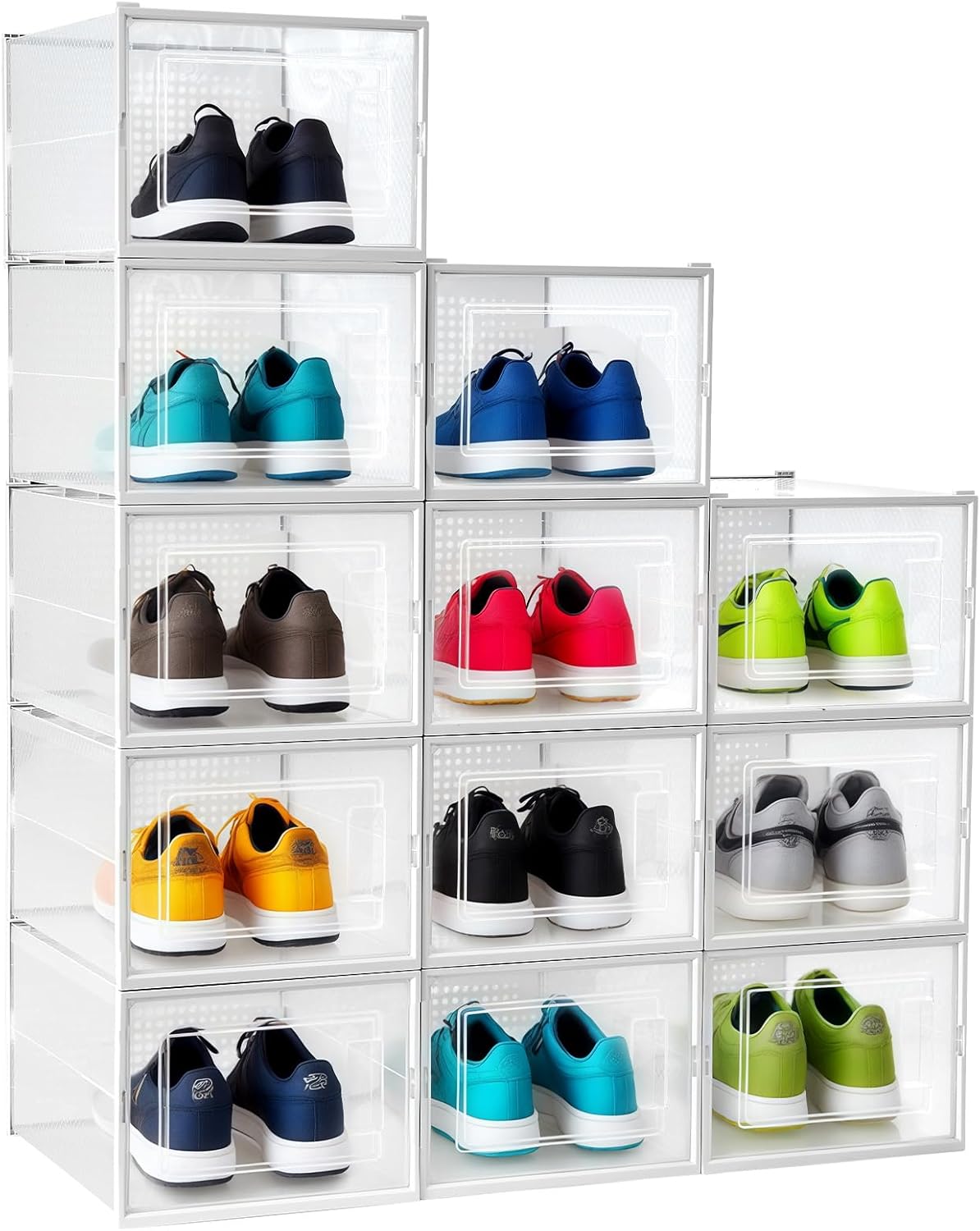 Shoe Boxes, Stack Without Toppling Modular storage boxes combine freely for use in closets, under beds, hallways, and entryways. Space-saving. (Transparent, 12 Pack)