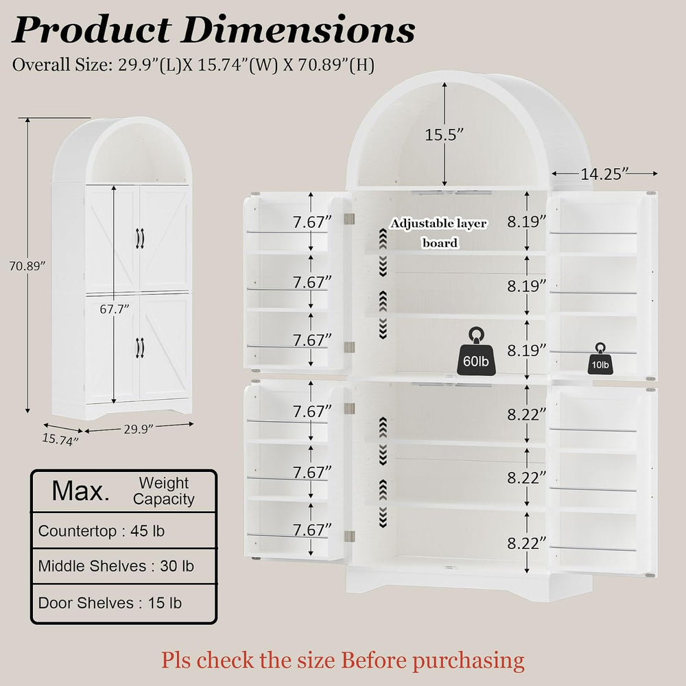 70" Tall Arched Pantry Cabinet, Kitchen Cupboard with Barn Doors, Adjust...