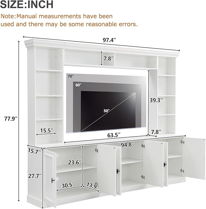 97.4"W Elegant 4-Piece Wall Unit Entertainment Center with Bookshelf for TVs Up to 70", Versatile TV Stand with Adjustable Shelf and Bridge, Mid-Century Media Console for Living Room (White/TV)