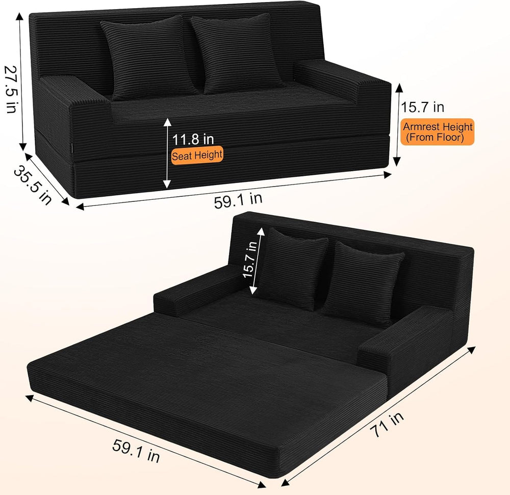 MeMoreCool 59" Couch Bed, Loveseat Futon Sofa, Small Space, Black | 59 i...