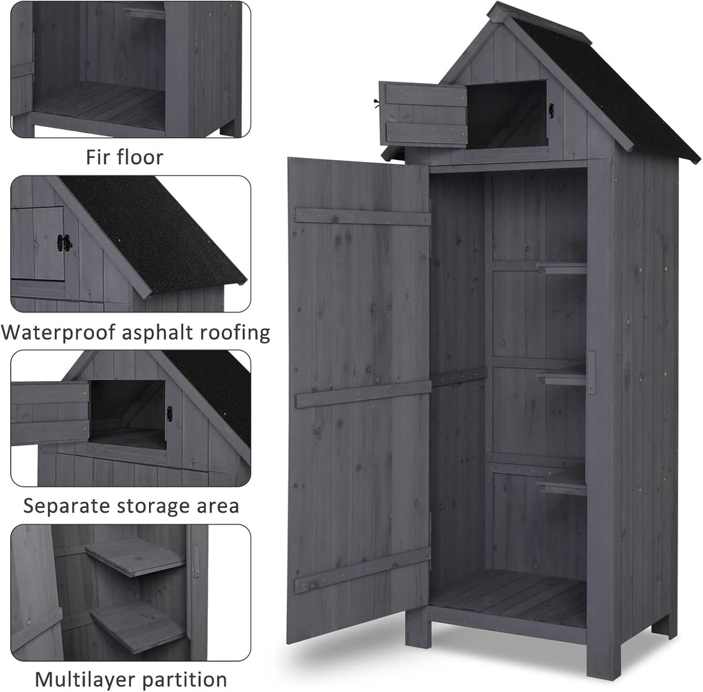 Outvita 70in Outdoor Storage Shed, Waterproof Wooden Garden Storage Cabinet with Lockable Door, Grey