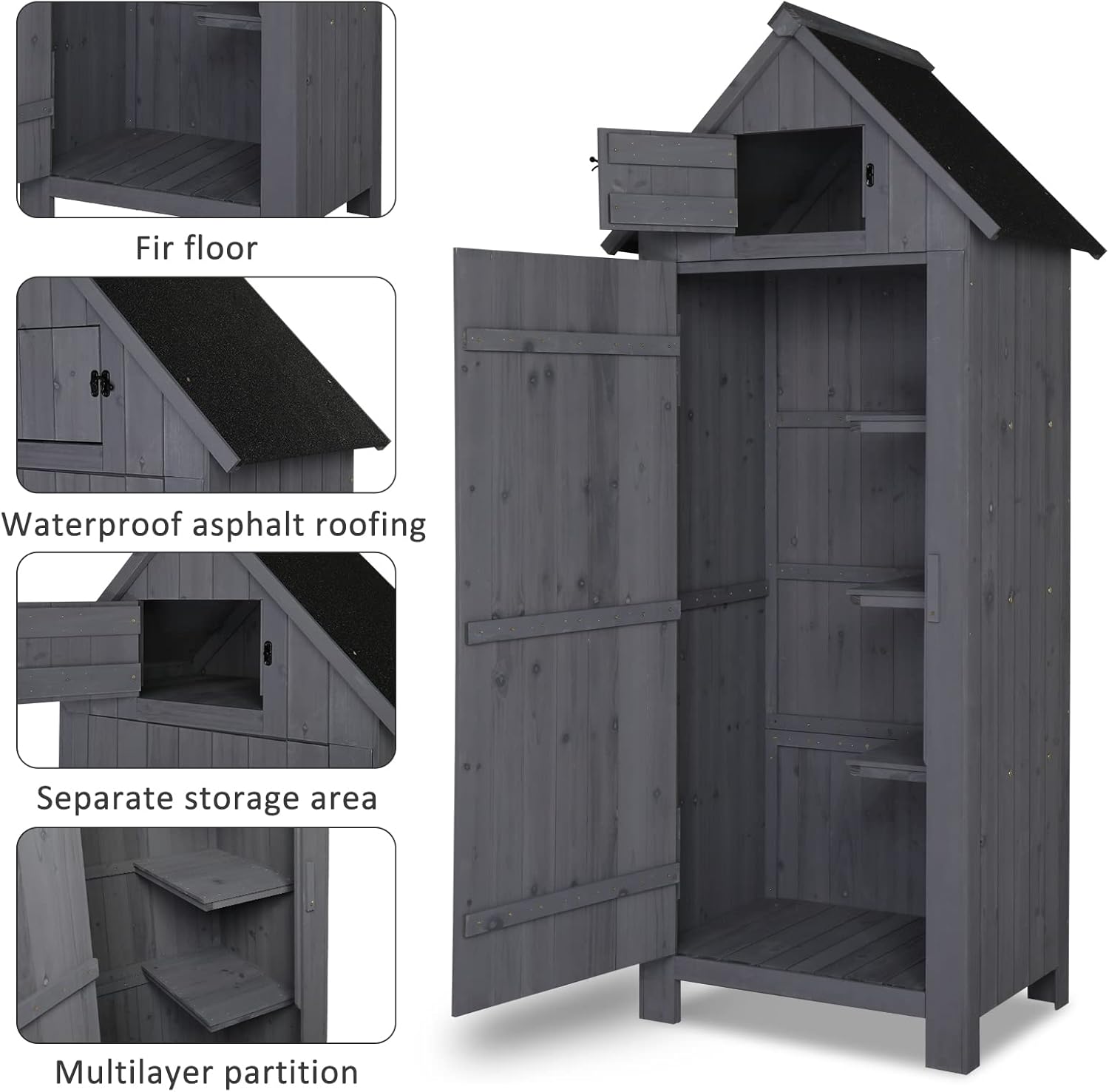 Outvita 70in Outdoor Storage Shed, Waterproof Wooden Garden Storage Cabinet with Lockable Door, Grey