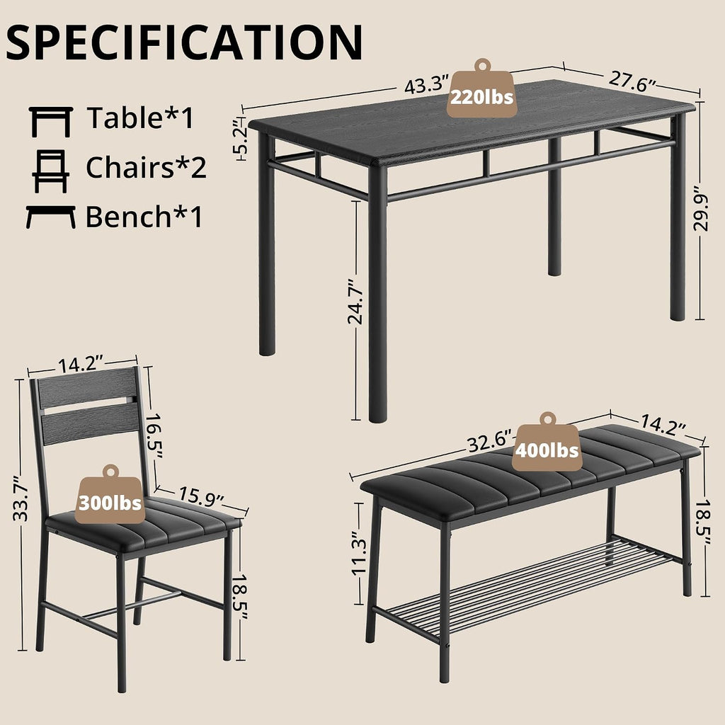 IRONCK Dining Table Set for 4, Kitchen Table and Chairs Set, Black | Kitchen Table with Upholstered Bench and 2 Chairs for Small Space, Apartment