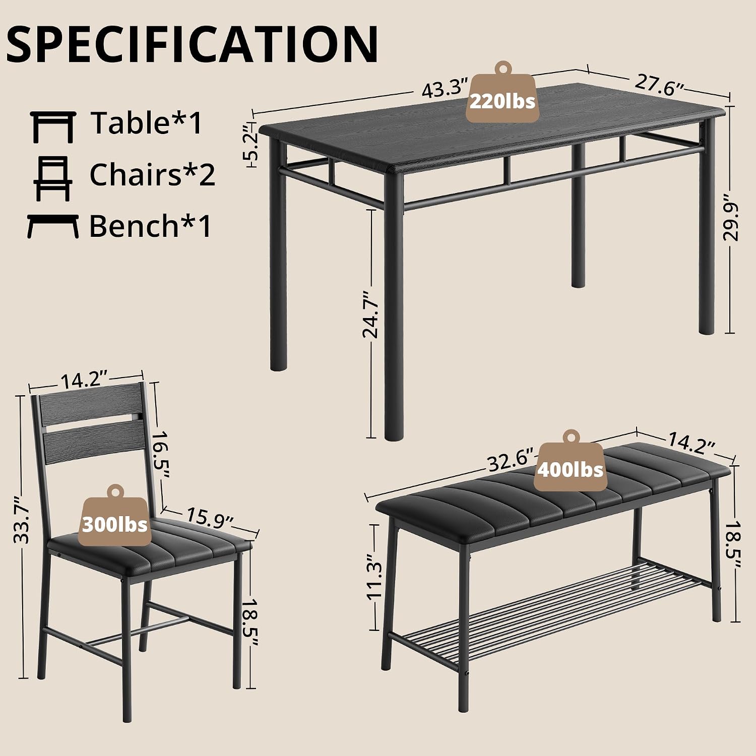 IRONCK Dining Table Set for 4, Kitchen Table and Chairs Set, Black | Kitchen Table with Upholstered Bench and 2 Chairs for Small Space, Apartment