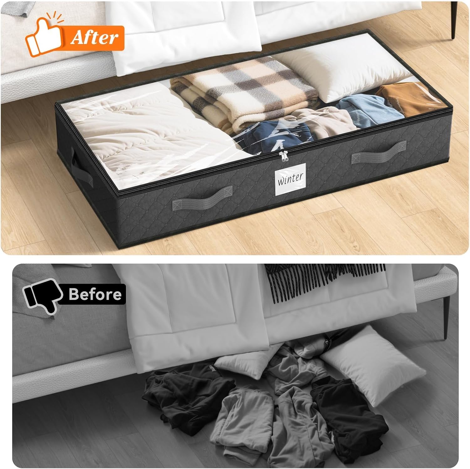 SpaceWhisper 90L Under Bed Storage Containers, 8-Pack Storage Bins with Clear Top, Foldable Closet Organizers and Storage with Label Holder for Clothing, Blankets, Comforter & Pillows (Grey)