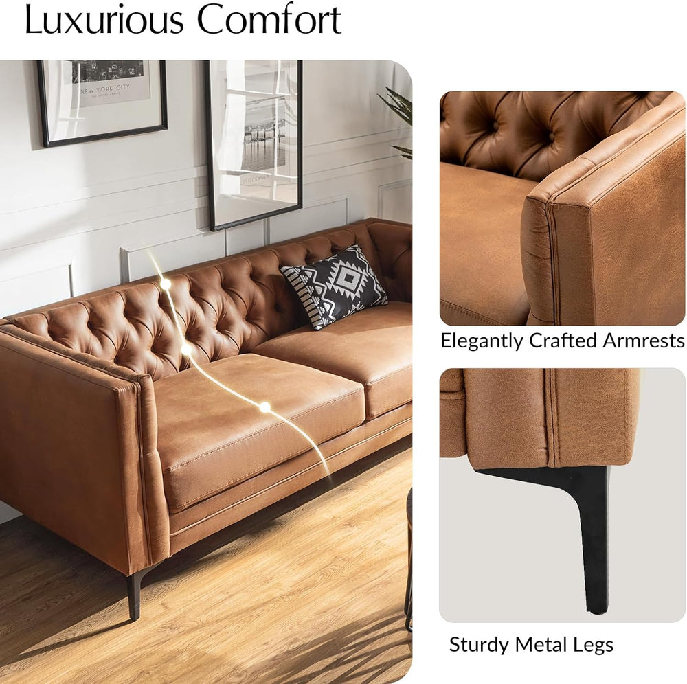 HULALA HOME 84" Faux Leather Sofa, Mid Century Modern 3 Seater Couch, Ca...