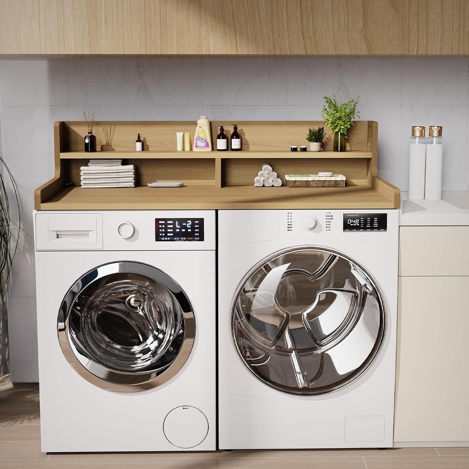 Washer Dryer Countertop, 54" x 27.55" 2-Tier Washer Dryer Topper with Edge, for Laundry Room Organization Oak