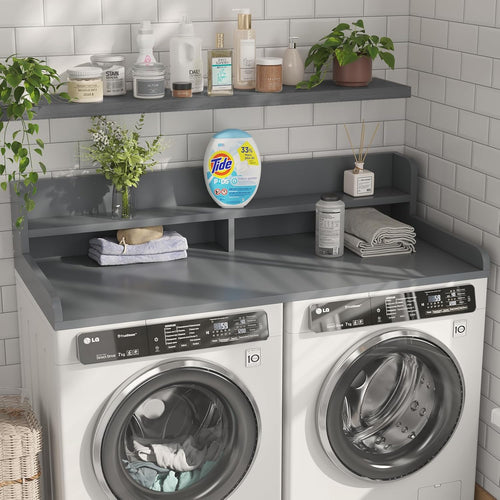 2-Tier Washer Dryer Countertop with 2.75" H Edge Rails, 58" W x 28" D Laundry Countertop for Folding Clothes, Washer and Dryer Topper with Non-Slip Pad (Gray)
