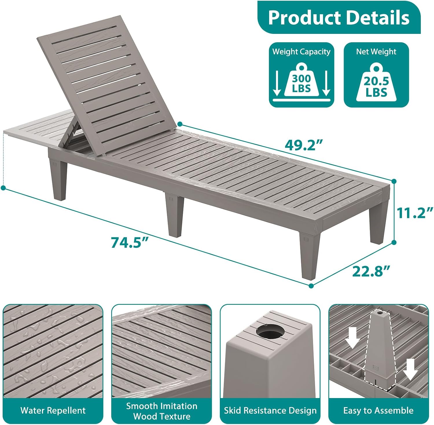 Outdoor Chaise Lounge Chairs Set of 6 for Poolside Patio Outside | Resin Weather-Resistant Sun Lounger with 5-Position Backrest, Tanning Chair for Pool Sunbathing Outside Deck Beach, Taupe