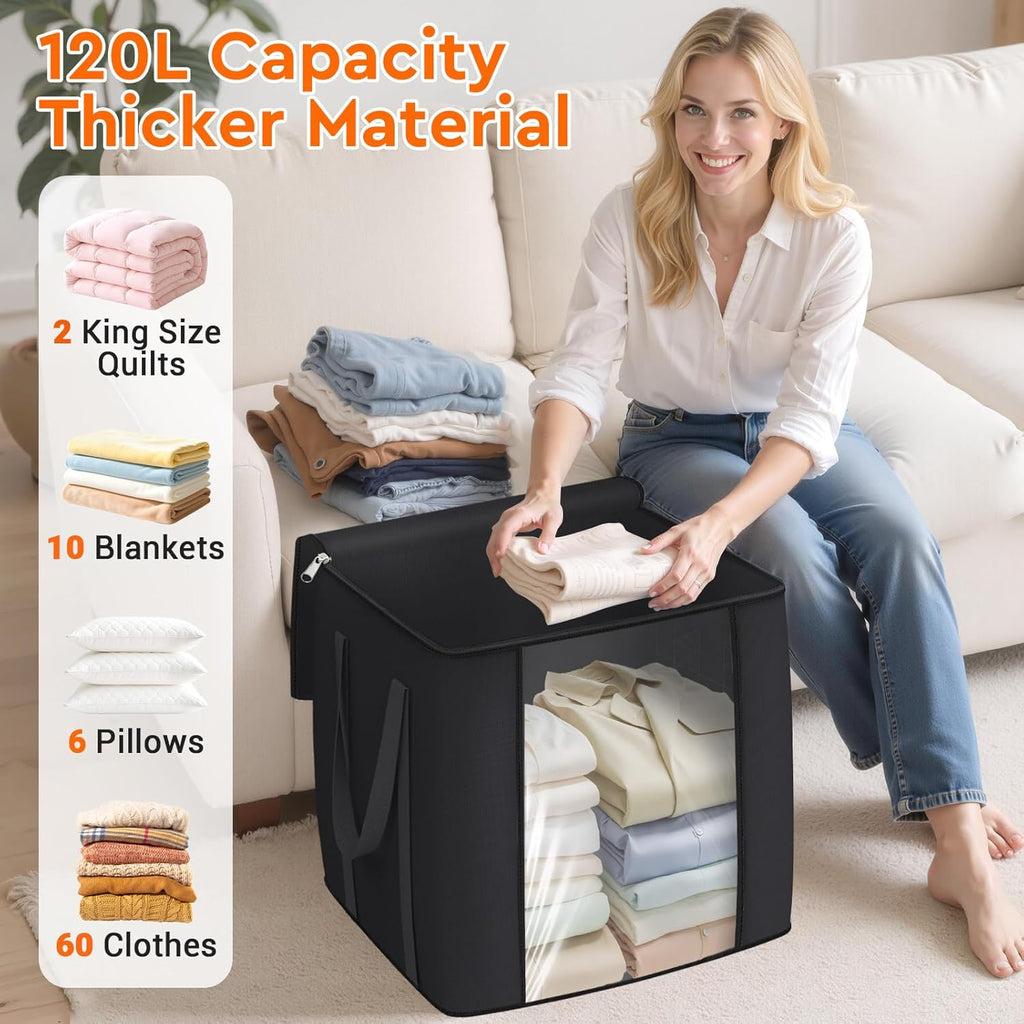 120L Extra Large Clothes Storage Bags, Foldable Blanket Storage and Organization, Thick Fabric Containers with Reinforced Handles & Zippers for Clothing, Comforters, Bedding, Black, 2 Pack
