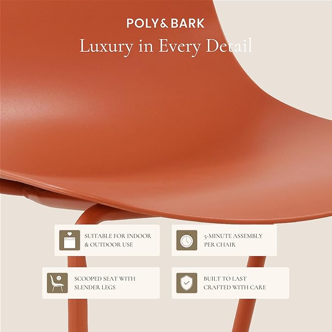 Poly & BARK Isla Stackable Dining Chairs Set of 4 – Mid Century Modern Plastic Dining Chair with Metal Legs – Kitchen & Dining Room Chairs – Dining Table Chairs Set – Indoor/Outdoor – Coral Red