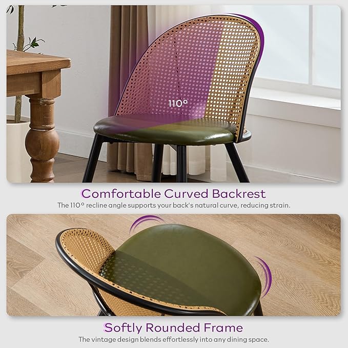 TYBOATLE Green Rattan Dinner Chairs Set of 4 with Faux Leather Cushion, Modern Dining Room Chairs w/Adjustable Foot Pads, Kitchen Boho Mid Century Upholstered