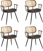 Rattan Dining Room Chairs Set of 4,Mid Century Modern Kitchen Side Chairs,Metal Legs Desk Chair,Faux Leather Accent Chair with Arms and Rattan Backrest Black PU