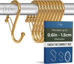 10-Pack Metal S Hooks for Hanging – Heavy-Duty S-Shaped Hooks with Safety Buckle – Fits Bars up to 0.6 In – Anti-Drop Hook for Kitchen, Pot Racks & Towel Bars – Gold (Small)