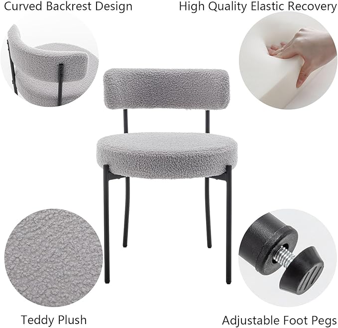 Boucle Dining Chairs Set of 6, Upholstered Dining Room Chairs with Black Metal Legs, Round Modern Dining Chair for Dining Room, Kitchen (Light Grey)