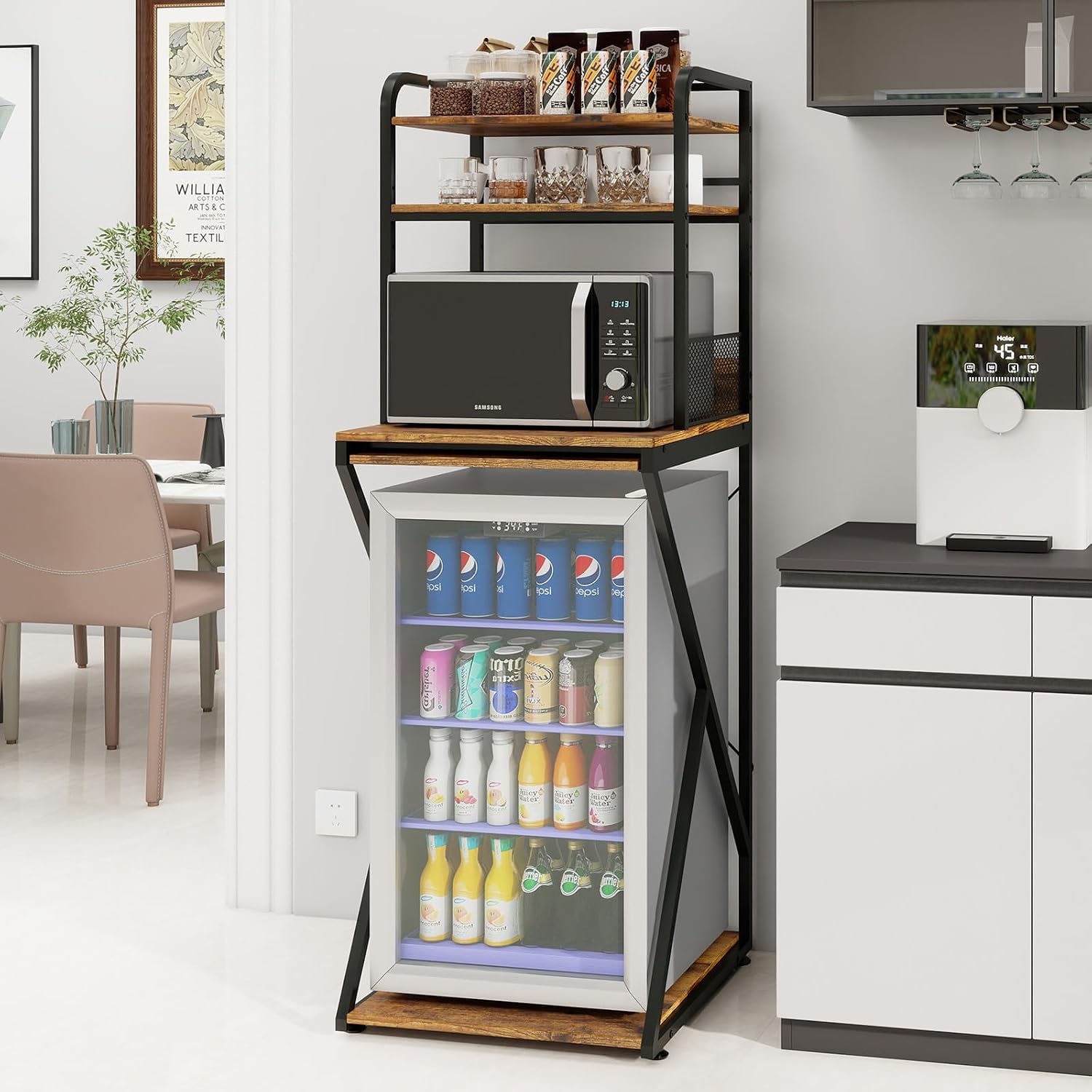 PUNCIA 4-Tier Mini Fridge Stand with Outlet, Coffee Bar Organizer, Retro | Coffee Station with Fridge Space, Tall Refrigerator Cabinet & Microwave Shelf Bakers Rack for Kitchen Dorm Pantry Apartment