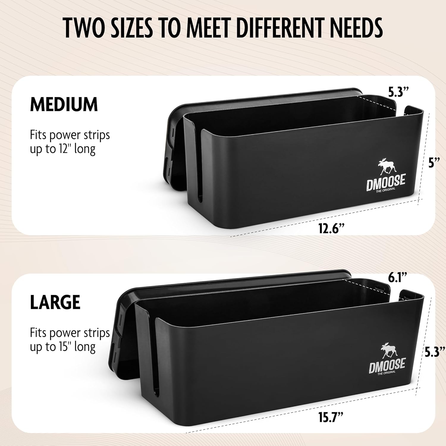DMoose Cable Management Box - 2 Pack Medium & Large Cord Organizer for Desk & Floor, Cable Organizer Box for Child & Pet - Cable Box Hider for Tidy Office & Home, Power Strip Cover (Black - Pack of 2)